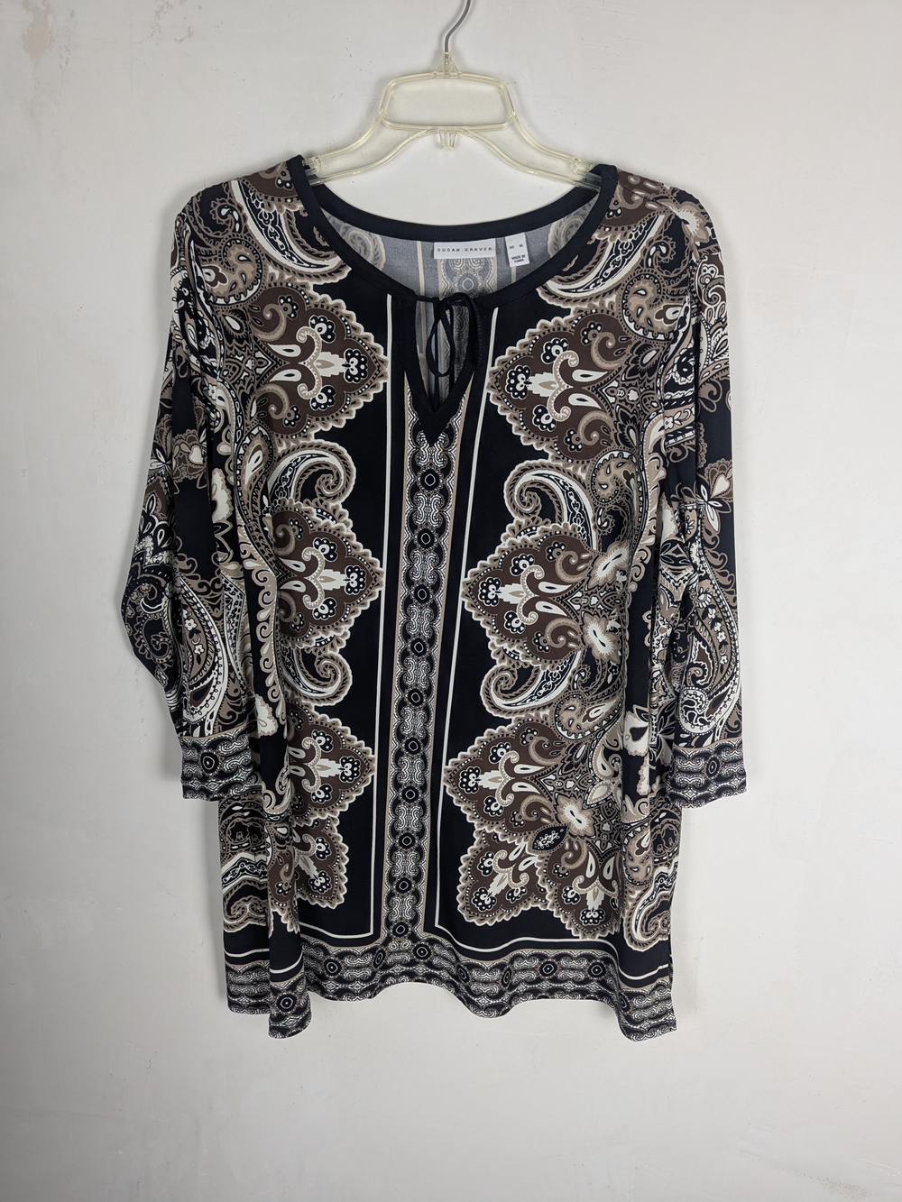 Susan Graver Black and Brown Paisley Tie-Neck Tunic